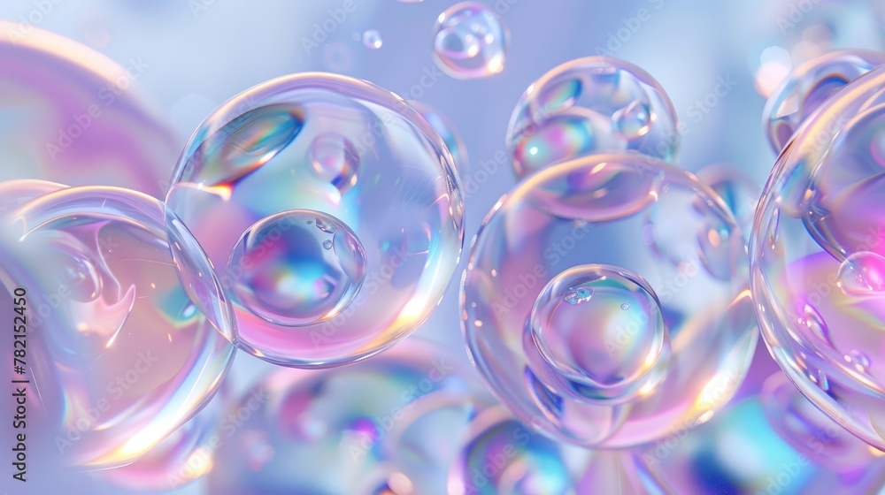 Poster holographic floating liquid blobs, soap bubbles, metaballs... abstract 3d art background.