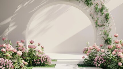 Fototapeta na wymiar This is a romantic scene with geometrical forms, an arch with rose flowers, in natural day light. It has a minimal 3D landscape background.