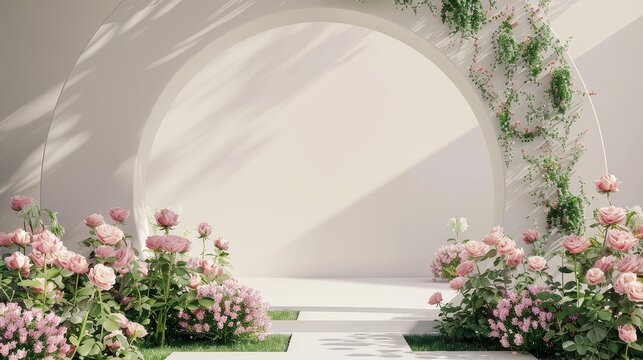 This is a romantic scene with geometrical forms, an arch with rose flowers, in natural day light. It has a minimal 3D landscape background.