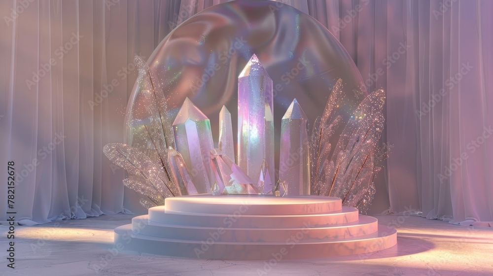 Aufkleber backdrop with abstract iridescent gem stone for fashion podiums. 3d render....