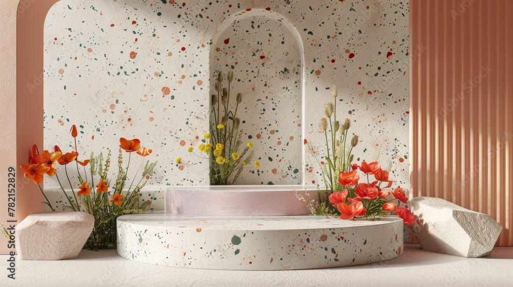 Poster a beautiful podium backdrop with spring flowers and terrazzo texture. 3d rendering scene.