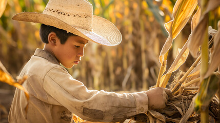Garoto com chapéu na plantação de milho  - obrazy, fototapety, plakaty