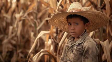 Garoto com chapéu na plantação de milho 