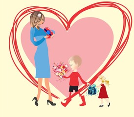   Mother's Day composition with a red heart, children and flowers