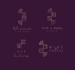 Art deco wine labels with lettering drawing in linear style on violet background