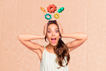 Composite photo collage of astonished shocked girl hold head gears brainstorm process improvement...