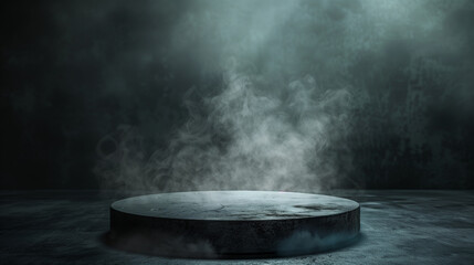 Black podium, black smoke, product platform background, abstract stage, surface, fog, spotlight, black floor podium