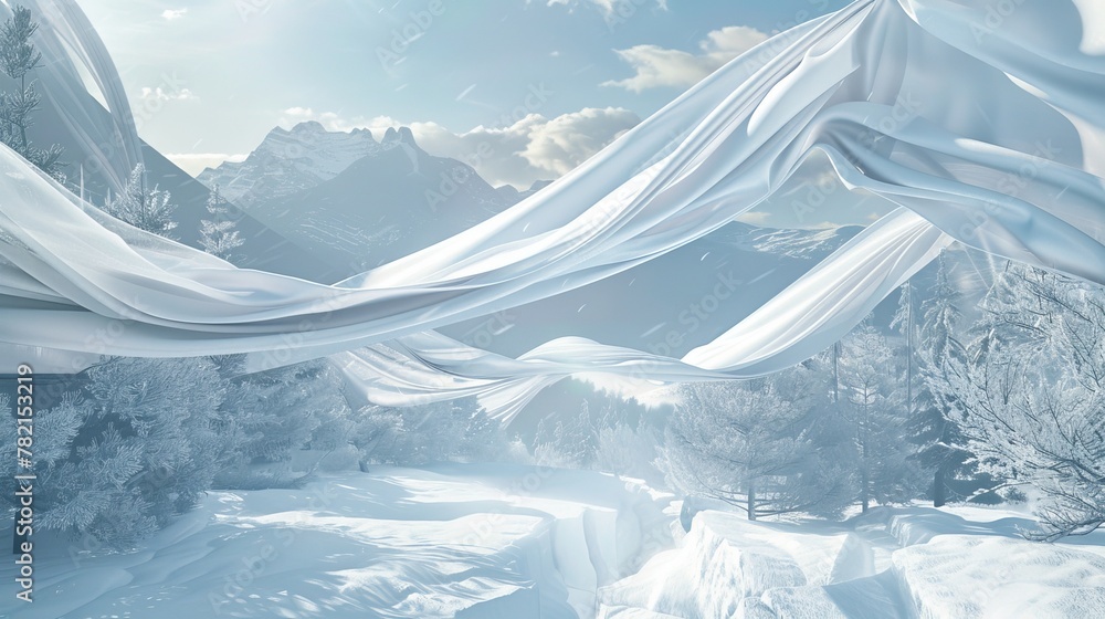 Aufkleber an abstract winter landscape scene with a flying cloth. 3d rendering.