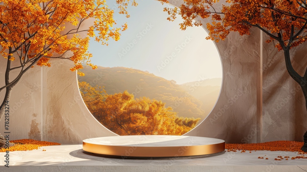 Canvas Prints A 3D rendering of a landscape scene in autumn with a podium displaying a product.