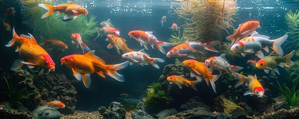 Multicolored school of koi fish inside a clear water aquarium.