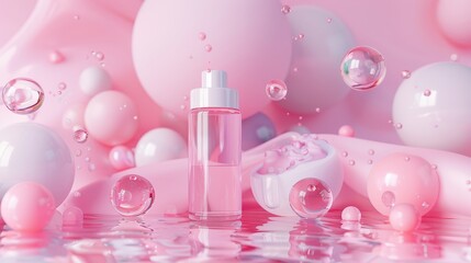 Background with glossy water bubbles and a fashion beauty stand. 3d rendering.