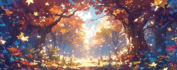 A forest of trees with autumn colors, the leaves falling gently to form an intricate pattern on the ground. The sun shines through some branches - obrazy, fototapety, plakaty