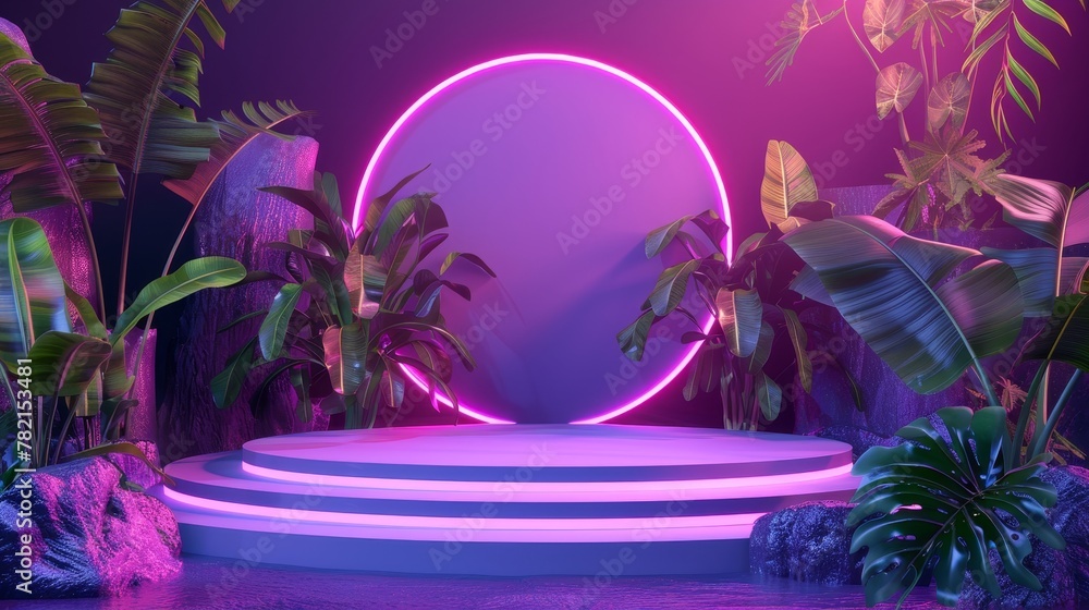 Poster a summer podium backdrop featuring tropical leaves and neon lights. a 3d rendering.
