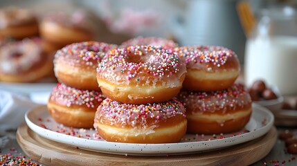 Obraz na płótnie Canvas a stack of doughnuts with sprinkles on a plate with a glass of milk in the background