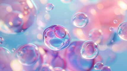 Three-dimensional art background with holographic floating liquid blobs, soap bubbles, and metaballs.
