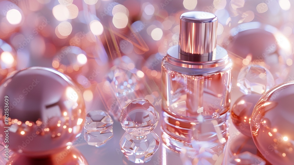 Poster Top view of bokeh background for cosmetic display. 3D rendering...