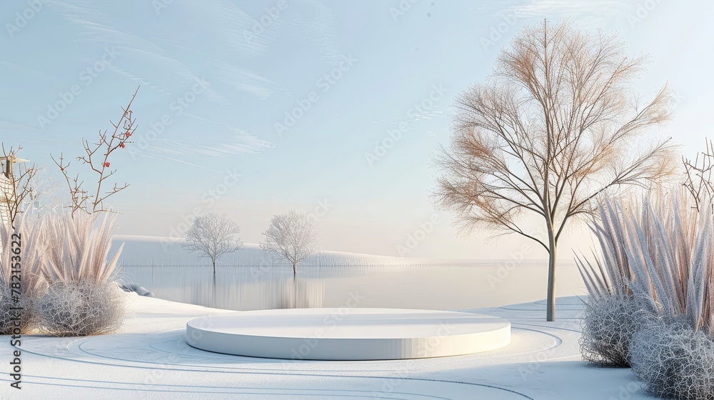 Poster This is a 3D rendering of a winter landscape with a podium for displaying products.