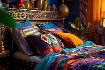 A bed with colorful pillows and a blue, red, and yellow bedspread. - obrazy, fototapety, plakaty