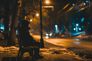 Solitary figure sitting on a park bench at night, illuminated by street lamps with a mysterious,...