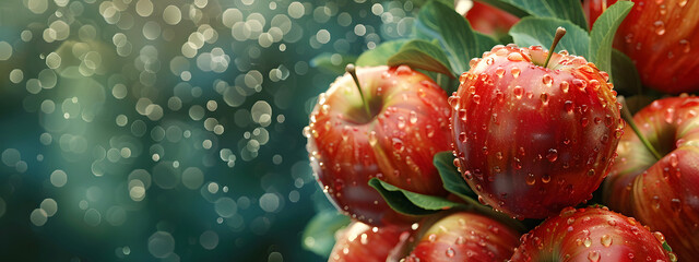 Apple background. Fresh ripe red apples with green leaves 