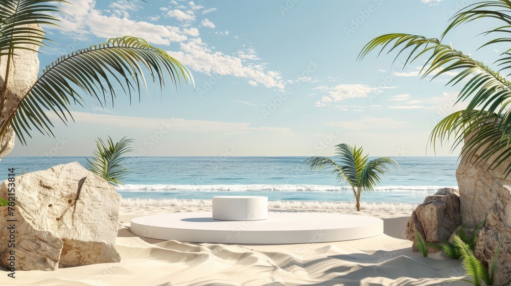 Aufkleber A natural summer beach scene with a podium for displaying products. 3D rendering.