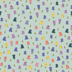 Brightly coloured Snapdragon heads and their leaves floating around on a light green background