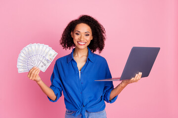 Photo of rich wealthy charming woman wear trendy blue clothes hold cash salary work remotely...