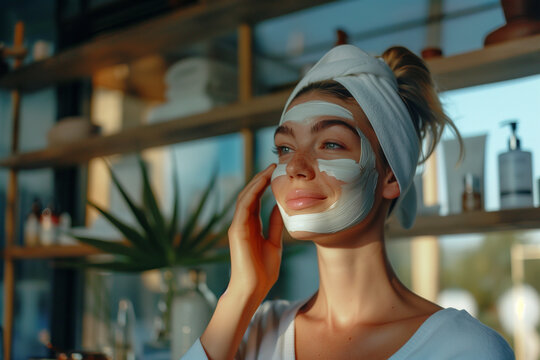 giovane donna applica maschera viso durante skincare routine