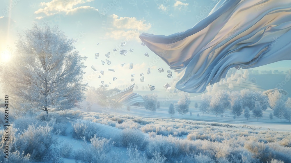 Poster a smooth flying crystal cloth with a scene from a winter landscape in 3d...
