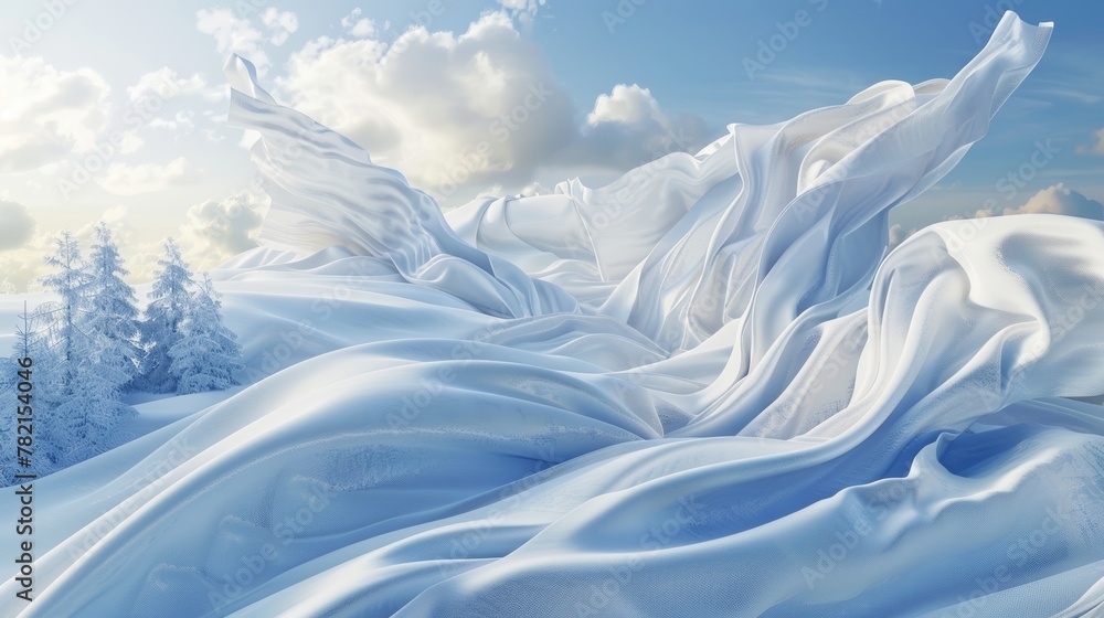 Poster winter scene with flying fabric cloth. 3d rendering.