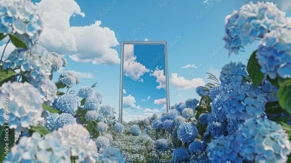 Leinwandbilder Spring Hydrangea flower field with sky reflection in mirror. 3D rendering.