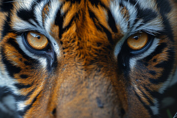 A photograph of a close-up on the piercing yellow eyes of a tiger