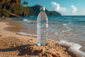 Closeup of a clear drinking water bottle product mockup on a sand
