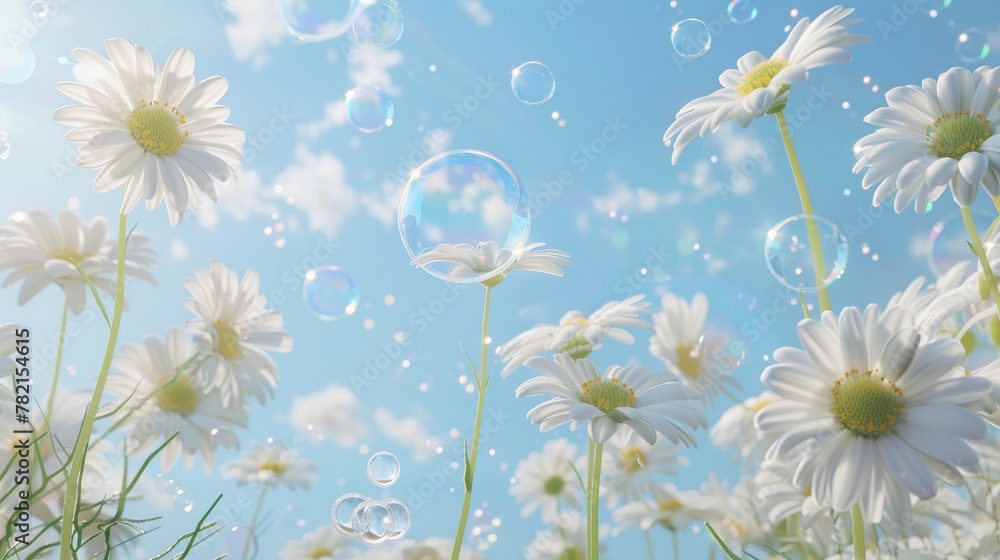 Poster product display with white daisies and soap bubbles on a blue sky background. 3d rendering.