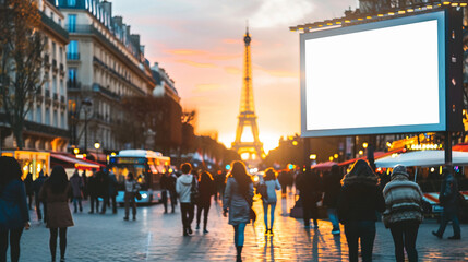 Empty LED billboard mockup in the city with Eiffel Tower in the background. Advertising banner display in the street with crowd of people walking in blurred motion. 