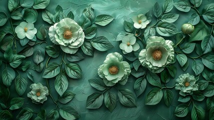 Lush Green Peony Plasterwork on Textured Wall