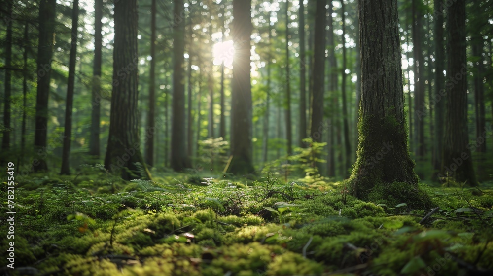 Poster ethereal forest scene with fog and sunbeams piercing through the trees