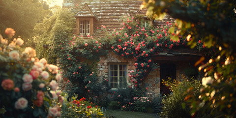 Fototapeta na wymiar Enchanting Cottage Adorned with Climbing Roses at Sunset