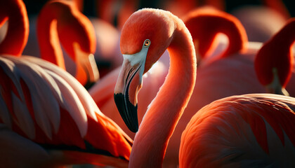 A flamingo among a flock. The image focuses on the head of the flamingo, capturing its intense orange-pink plumage