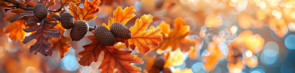 Autumn Splendor: Golden Leaves and Acorns Bathed in Warm Light