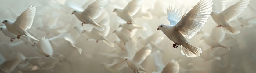 Clear, minimalist image of a flock of white doves ascending, symbolizing collective peace, with text space
