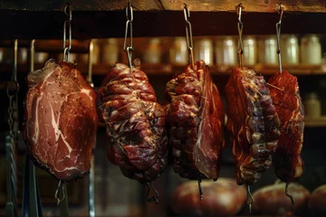 Fotobehang Artisan Smoked Meats Hanging in a Traditional Smokehouse © smth.design