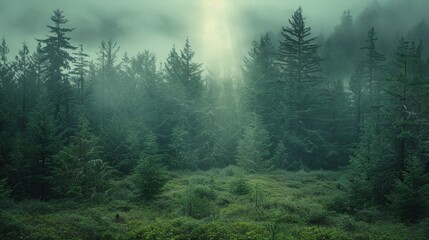 Ethereal forest scene with fog and sunbeams piercing through the trees