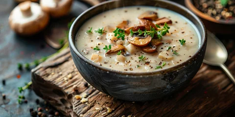 Foto op Canvas Rustic Mushroom Soup in Wooden Bowl with Fresh Herbs © smth.design