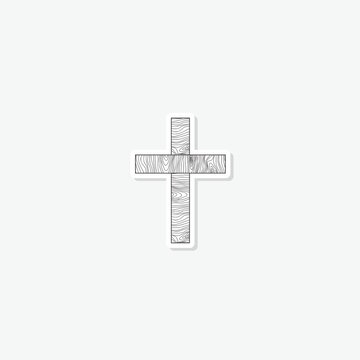 Christian wood cross icon sticker isolated on gray background