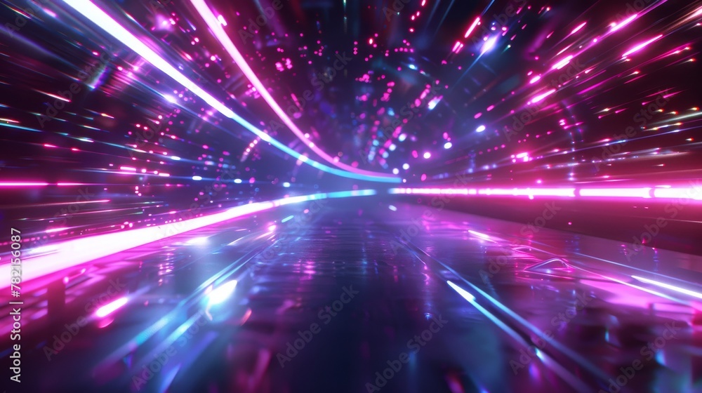 Poster Render of 3D neon and light glowing in the dark on moving lines.