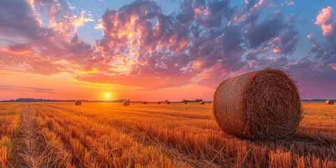 Golden Sunset Over Rural Farmland with Hay Bales