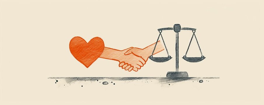 Minimalist drawing of a balance scale with a heart and a handshake, representing balanced conflict resolution, with text space