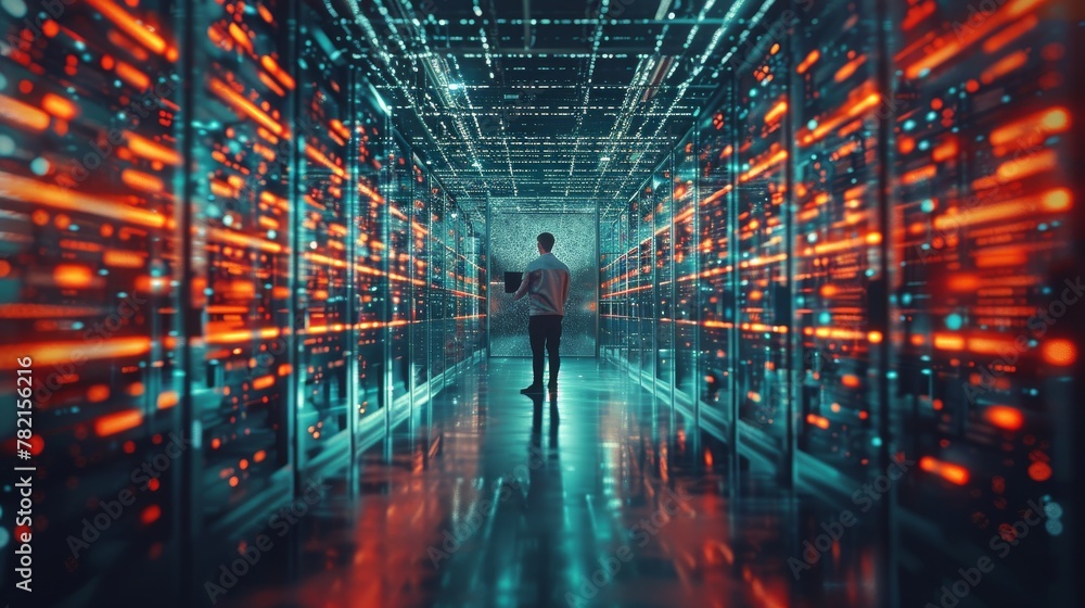 Poster Data Center CTO Standing In Warehouse, Information Digitalization Lines Streaming Through Servers. SAAS, Cloud Computing, Online Services Concept.