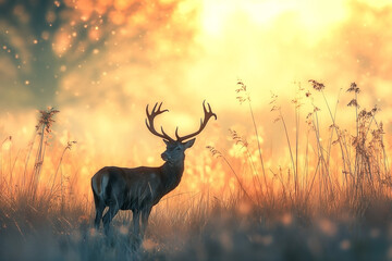 Portrait of a deer stag during rutting season in the forest at sunset. Landscape nature background